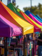 Row of colorful umbrellas with tassels hanging from them. the umbrellases are arranged in a diagonal line and are of different colors - red, orange, yellow, green, blue, purple, and pink.