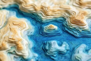 Topographic coastal mapping with precise elevation contours created by geographers. Scientific terrain data visualization for earth science presentations and environmental research applications.