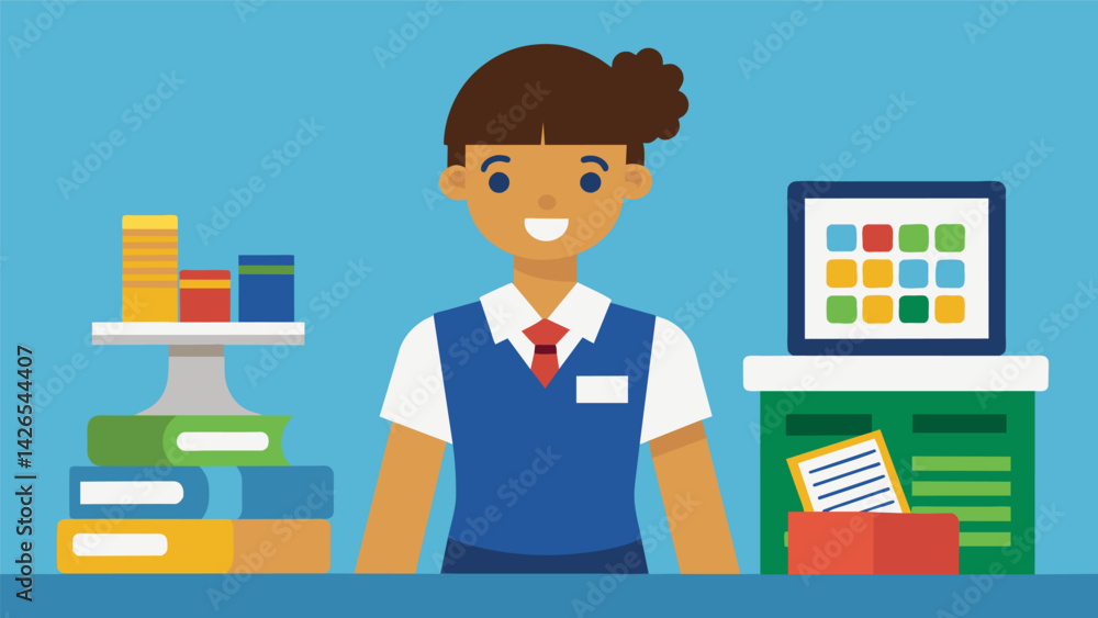 Poster a person in a school uniform and a retail store employee badge balancing textbooks and a cash regist