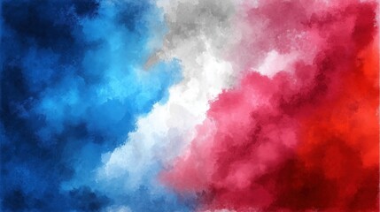 Abstract tricolor cloud blending of blue, white, and red tones in artistic smoke effect ideal for Bastille Day backgrounds, national French posters, and creative celebration visuals