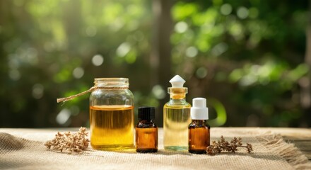 Assorted essential oil bottles with natural sunlight on burlap table