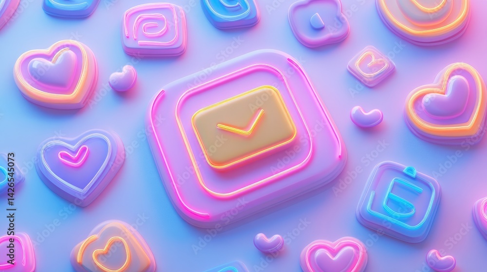 Poster glowing notification icon surrounded by emojis and hearts over abstract gradient background