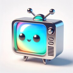 Animated character 3D image of a metallic holographic style vintage tv cute design, white background
