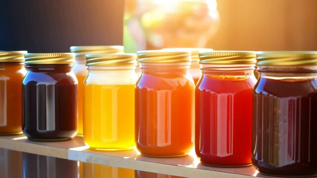 Colorful jars of honey and preserves in sunlit pantry setting