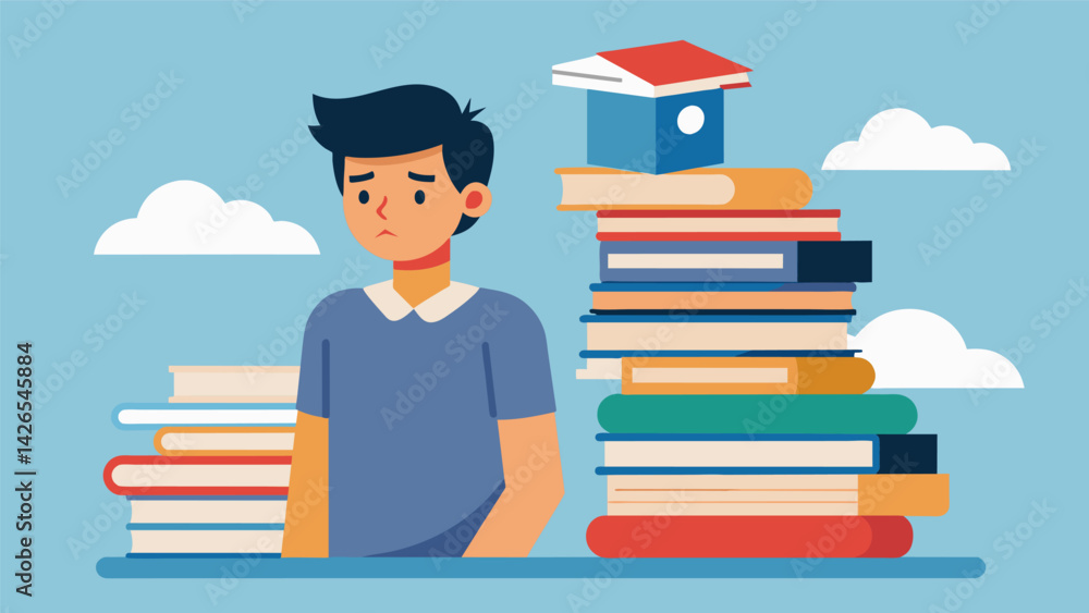 Poster a stack of textbooks and course materials tower over an international student as they contemplate wh