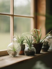 Window sill with three small potted plants on it. on the left side of the sill, there is a glass jar with a small air plant inside. next to it, there are two small glass jars with soil in them.