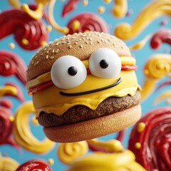 A smiling, oversized cartoon burger with googly eyes, floating in mid air surrounded by swirling cartoon ketchup and mustard in a playful scene