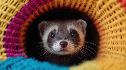 Close-up of a ferret peeking out of a woven basket. the ferret is looking directly at the camera with a curious expression. its fur is light brown and white, and its eyes are a piercing blue.