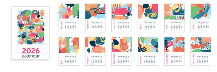 Calendar 2026 A4 with Abstract Elements. Abstract calendar. Week start from Sunday. Hand Drawn Vector Art. 