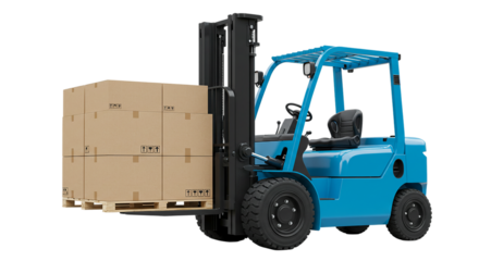 A blue forklift carrying a pallet stacked with cardboard boxes against a black background in a warehouse