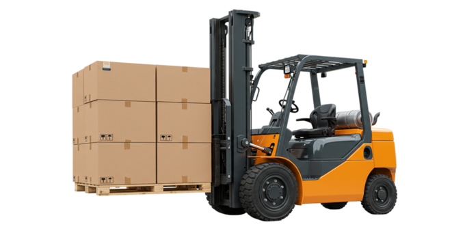 A forklift carrying a stack of cardboard boxes on a wooden pallet against a black background scene view