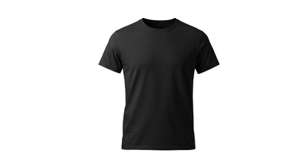 A solid black t shirt with short sleeves and a round neck displayed on a black background plain style