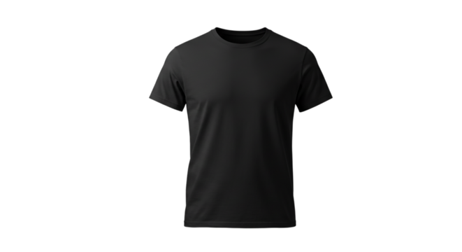 A solid black t shirt with short sleeves and a round neck displayed on a black background plain style