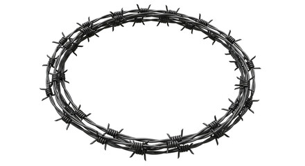 A barbed wire wreath against a black background creating a circular frame with sharp metal spikes