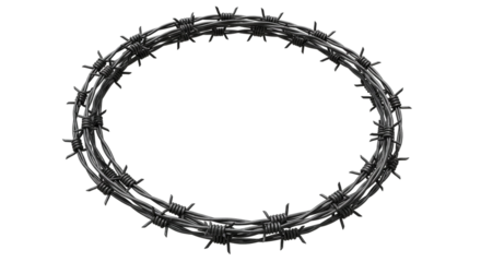 A barbed wire wreath against a black background creating a circular frame with sharp metal spikes