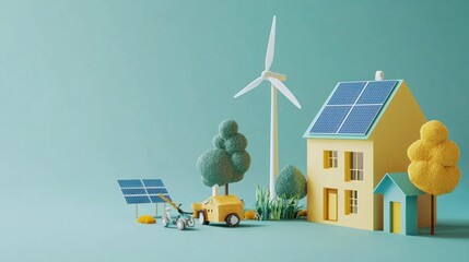 A sustainable energy solution, showing green energy sources like solar panels, wind turbines, and energy-efficient buildings working together