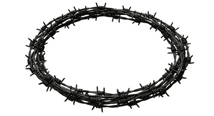 A circular arrangement of tightly wound strands of dark barbed wire against a black background space