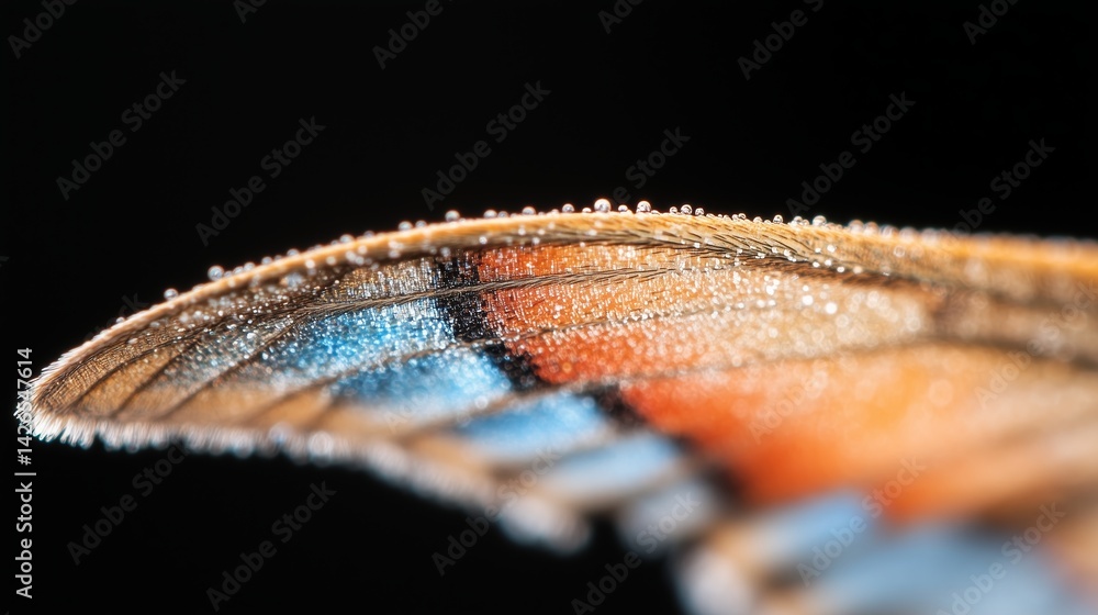 Poster close-up view of a butterfly wing showcasing intricate patterns and droplets of water on a dark back