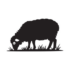 Silhouette of Sheep Grazing on Grass, Vector Illustration