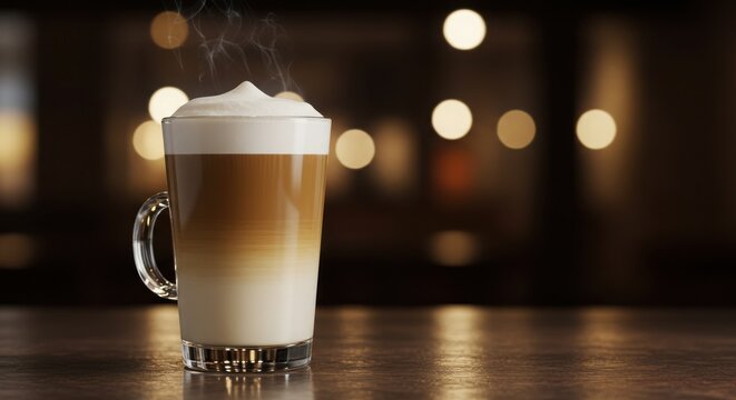 Steaming latte with foam in a glass on a shiny surface
