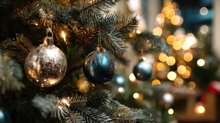 Close-up of teal and gold ornaments adorning a Christmas tree, illuminated by warm string lights. Festive and cozy holiday atmosphere.