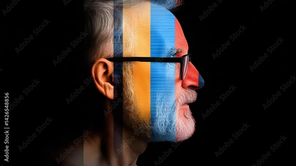 Poster abstract portrait with overlay of colorful stripes and patterns on a side view of an elderly man wit