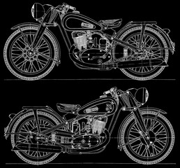 Fototapeta premium Engineering mechanical drawing of biker motorcycle. Technical computer cad scheme. Mechanic background. Technology design documentation on white paper sheet of machine building industry. 