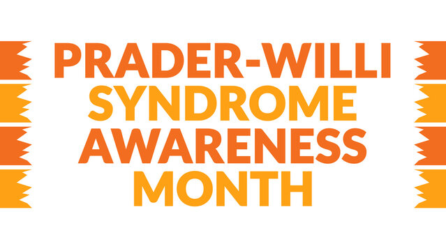 Prader-Willi Syndrome Awareness Month text with side lines on a White background. Which is observed every year in May to celebrate Prader-Willi Syndrome Awareness Month.