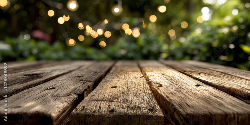 Poster rustic wooden table surface, close-up view. blurred background of greenery and warm string lights, s