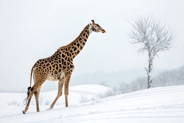 Obraz premium A tall, spotted giraffe, a wild mammal with a long neck, stands isolated in its natural savannah habitat