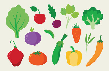 A fresh set of healthy vegetables vector illustration includes tomato, carrot, onion, pepper, and cucumber, perfect for vegetarian food icons and collection.