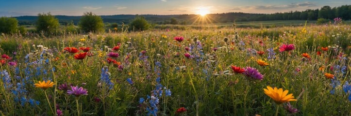 Colorful wildflower field bathed in golden sunlight during sunset in a tranquil countryside setting