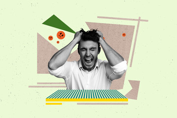 Creative pop poster sketch art collage of girl guy receive sad emoji pressure cyberbully reaction social media hate problem