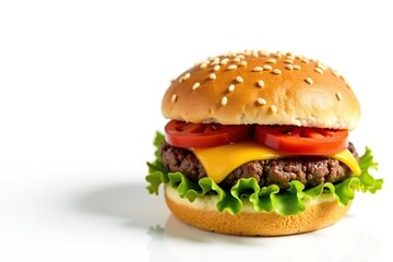 Burger isolated on white, sesame seeds visible, lettuce, lunch