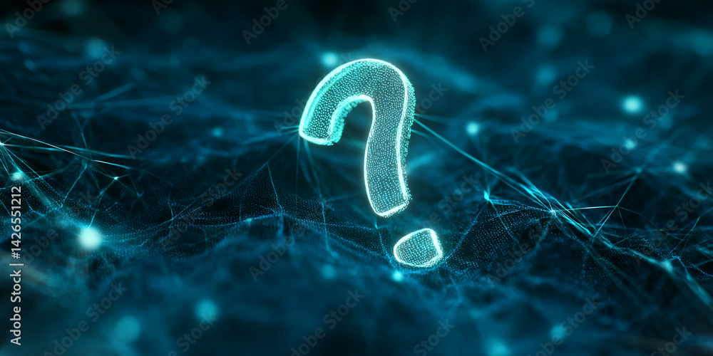 Poster glowing cyan question mark, digital particle texture, abstract network background, symbolizes inquir