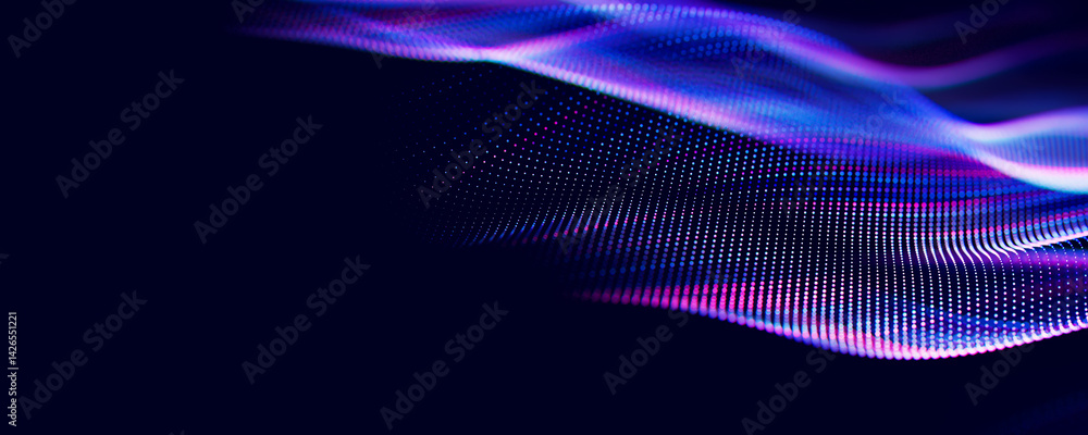 Poster Abstract wave of particles. Big data digital flow concept. LLM learning process, AI technology. Quantum computing. with place for text