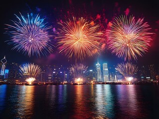 Fototapeta premium fireworks lighting up the night sky at a summer festival, people cheering