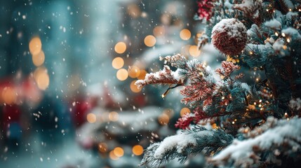 A snow-dusted Christmas tree glows with warm lights, creating a magical winter scene. The falling snow adds to the festive ambiance.