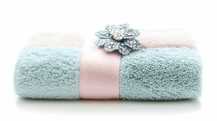 Towels Folded Pastel Colors with Floral Brooch on White Background Soft Plush Cotton Luxury Hotel Spa