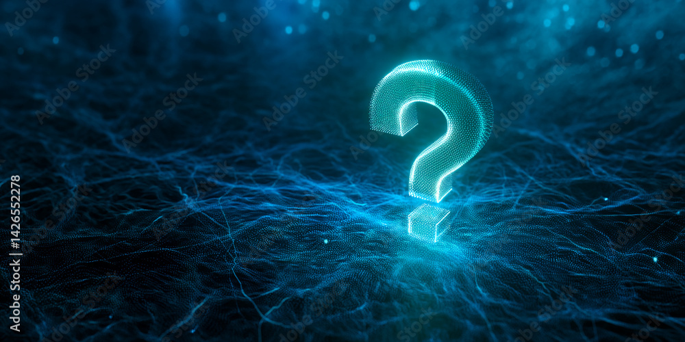 Poster glowing teal question mark, digital particle design, on dark blue abstract background, symbolizing i
