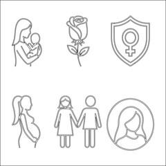 Women's Rights and Health Icon Set – Motherhood, Femininity, Gender Equality, and Female Empowerment Line Art