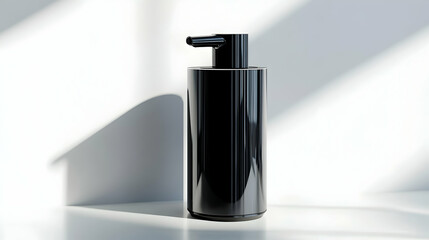 Black Soap Dispenser Minimalist Design on White Surface with Sunlight Shadow