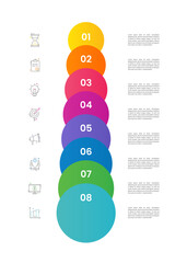 Vector infographic design template. Vertical modern timeline concept with 8 steps, circles. Vector illustration used for diagram, workflow layout, banner, webdesign