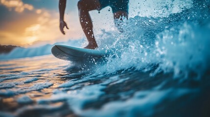 surfer catching a wave at the beach, blue ocean and white surfboards in the background