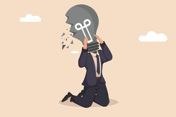 Conceptual Illustration Businessman Kneeling with Broken Light Bulb Head, Symbolizing Idea Loss and Creative Block.