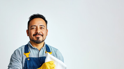 occupation, profession, professionalism poster with copy space. friendly adult hispanic male cleaning service worker in yellow gloves, blue uniform and overalls holds cloth on neutral background.