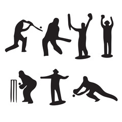 silhouettes of Cricketer, male cricket player silhouette. 