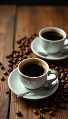 Obraz premium Photo of coffee cups and beans on a rustic wooden table, cup, mockup