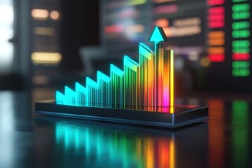Colorful graph rising on a modern device, reflecting in a dark surface