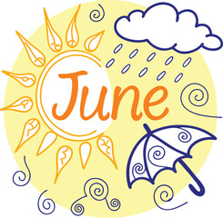 June weather rain with yellow sun, summer clouds vector art design.